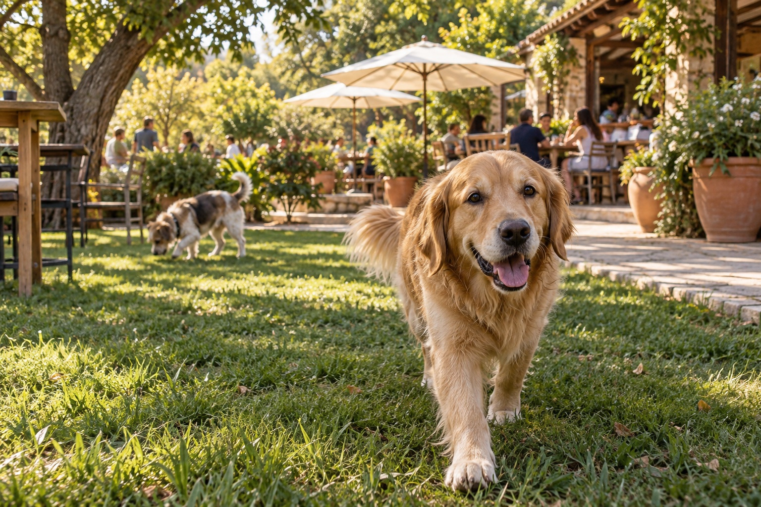 AI-generated concept: a golden retriever walking through a leafy garden beside an outdoor café