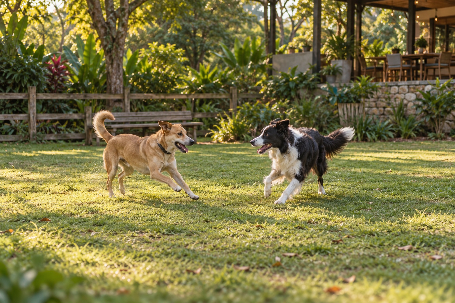 AI-generated concept of two dogs playing on an open garden lawn